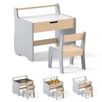 3 in 1 Houten Kinderzitgroep met Draaiende & Afneembare Tafelblad Kinder Tafel met Stoel Grijs