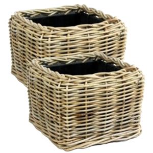 Planten/bloemen mand - 2x - vierkant - rotan - gevlochten riet - 31 x 31 x 24 cm - drypot