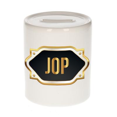 Spaarpot met voornaam Jop - wit - goud/zwart embleem - 8 x 9 cm - keramiek - afsluitdop Spaarpot met voornaam Jop - wit - goud/zwart embleem - 8 x 9 cm - keramiek - afsluitdop