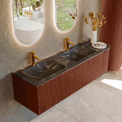 Badmeubel Mondiaz Kurve-Dlux | 155 cm | Meubelkleur Ruby | Wastafelkleur Lava | Solid surface | Dubbel / Links spoelbak | 2 kraangaten Badmeubel Mondiaz Kurve-Dlux | 155 cm | Meubelkleur Ruby | Wastafelkleur Lava | Solid surface | Dubbel / Links spoelbak | 2 kraangaten