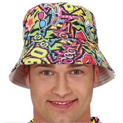 Foute 80s/90s print party vissershoedje - multi - jaren 80/90 verkleed accessoires - volwassenen