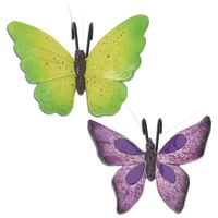 Tuindecoratie bloempothanger vlinder - set 2x - paars/groen - kunststeen - 13 x 10 cm - Tuinbeelden