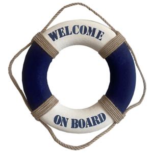 Gerkimex Reddingsboei - Welcome on board - 14 cm - blauw/wit - kunststof - maritiem thema decoratie