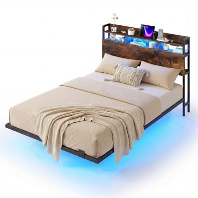 Industrieel Metalen Bed Met Opbergruimte In Het Hoofdeinde En Tweepersoonsbedframe Met Ledverlichting En Oplaadstation