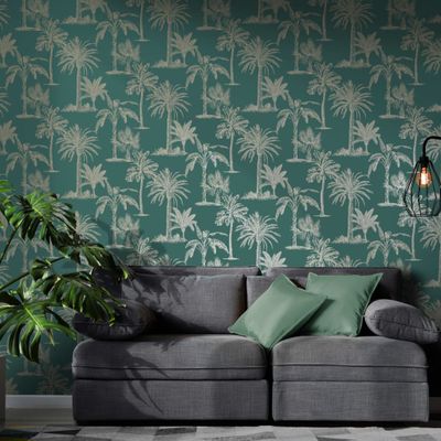 DUTCH WALLCOVERINGS behang tropical trees teal en zilverkleurig