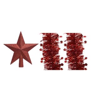 Set van een kerst ster piek en 2x stuks kerstslingers rood 270 x 10 cm