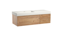 Storke Edge zwevend badmeubel 130 x 52 cm ruw eiken met Mata High asymmetrisch linkse wastafel in mat witte solid surface