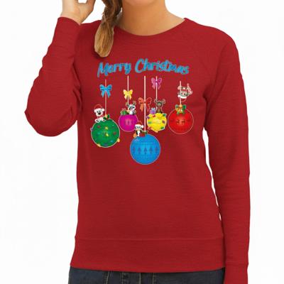 Kersttrui / sweater voor dames - kerstballen - rood - kerstdiertjes - Merry Christmas