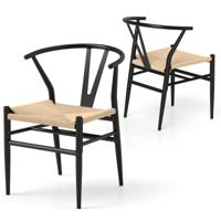 2-delige set Eetkamerstoelen Keukenstoelen met Y-vormige Rugleuning & Gevlochten Rattan Zitkussen Stapelbare Accentstoelen Beige
