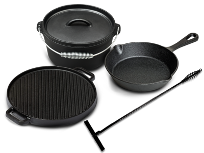 Blackwell Dutch Oven BBQ set Gietijzer - Braadpan + Lifter, Koekenpan ø 20 cm & Grillplaat ø 30 cm - 4 Delig