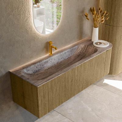 Badmeubel Mondiaz Kurve-Dlux | 145 cm | Meubelkleur Dusk | Wastafelkleur Oza | Solid surface | Wasbak linker zijde spoelbak | 1 kraangat