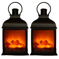 2x stuks sfeerhaarden/open haard lantaarns zwart met led verlichting L15 x B12 x H23,5 cm - thumbnail