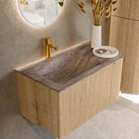 Badmeubel Mondiaz Kurve-Dlux | 85 cm | Meubelkleur Oak | Wastafelkleur Oza | Solid surface | Wasbak linker zijde spoelbak | 1 kraangat
