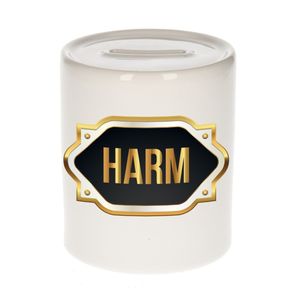 Naam cadeau spaarpot Harm met gouden embleem