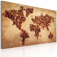 Schilderij - Wereldkaart - Wereldse Koffie, Bruin, 1luik , wanddecoratie , premium print op canvas - thumbnail