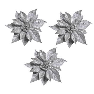 Cosy & Trendy Kerstboomversiering - 3x - bloem - op clip - zilveren kerstster - 18 cm
