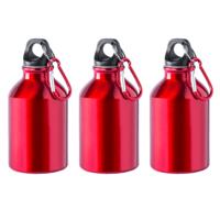 Waterfles - 3x - Rood - Aluminium - 330 ml - schroefdop - met Karabijnhaak - Bidon