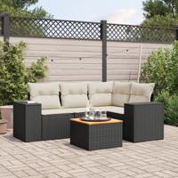 5-delige Loungeset met kussens poly rattan zwart