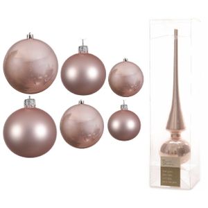 Groot pakket glazen kerstballen 50x lichtroze glans/mat 4-6-8 cm met piek glans