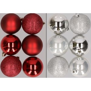 12x stuks kunststof kerstballen mix van donkerrood en zilver 8 cm   -