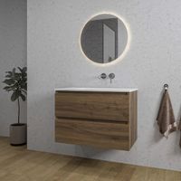Adema Chaci Badkamermeubelset - 80x46x55cm - 1 keramische wasbak wit - zonder kraangaten - 2 lades - ronde spiegel met verlichting - noten (hout) SW1212764/SW773926/SW108328 Adema Chaci Badkamermeubelset - 80x46x55cm - 1 keramische wasbak wit - zonder kraangaten - 2 lades - ronde spiegel met verlichting - noten (hout) SW1212764/SW773926/SW108328