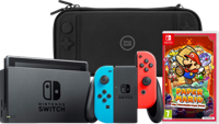 Nintendo Switch Rood/Blauw + Paper Mario + BlueBuilt beschermhoes - thumbnail
