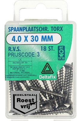 Sp.pl.schr.torx 4,0x30mm rvs 18st - Deltafix