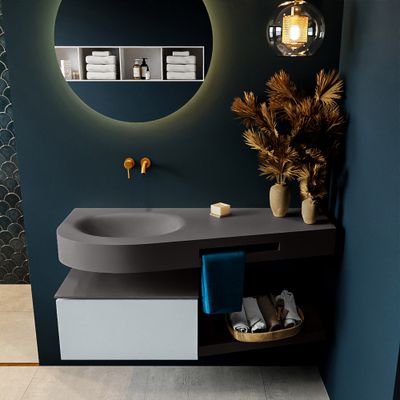 MONDIAZ RIVA 120cm badmeubel onderkast / planchet kleur Clay met 1 lade. Wastafel DULCET links 0 kraangaten kleur Dark_Grey. MONDIAZ RIVA 120cm badmeubel onderkast / planchet kleur Clay met 1 lade. Wastafel DULCET links 0 kraangaten kleur Dark_Grey.
