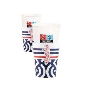 Feestbekers met hoesjes - 16x - nautisch - navy - papier - 250ml - maritiem - strand