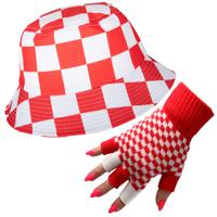 Carnaval Brabant thema - vissershoedje en handschoenen - vingerloos - rood/wit geblokt