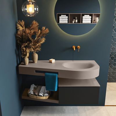 MONDIAZ RIVA 120cm badmeubel onderkast / planchet kleur Urban met 1 lade. Wastafel DULCET rechts 0 kraangaten kleur Smoke. MONDIAZ RIVA 120cm badmeubel onderkast / planchet kleur Urban met 1 lade. Wastafel DULCET rechts 0 kraangaten kleur Smoke.