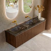 Badmeubel Mondiaz Kurve-Dlux | 155 cm | Meubelkleur Walnut | Wastafelkleur Lava | Solid surface | Dubbele spoelbak | Zonder kraangat(en)