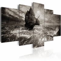 Schilderij - Schip in zware Storm, 5luik , zwart wit , wanddecoratie , premium print op canvas
