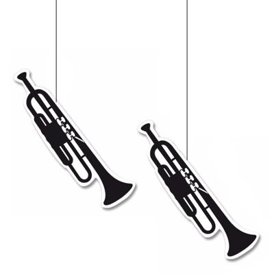 Hangdecoratie trompet - 2x - 42 cm - papier/karton - brandvertragend - muziek thema versiering