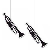 Hangdecoratie trompet - 2x - 42 cm - papier/karton - brandvertragend - muziek thema versiering