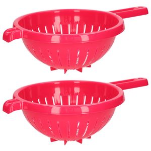 Keuken vergiet/zeef met steel - 2x - kunststof - Dia 23 cm x Hoogte 10 cm - fuchsia roze