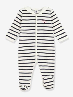 Gemengde baby pyjama in fluweel / velours met PETIT BATEAU streepjesprint marineblauw