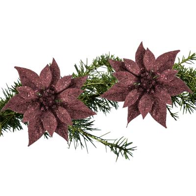 Kerstboomversiering Kerstster - 2x - 18 cm - donkerrood glitter - op clip - ornament