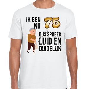 Cadeau T-shirt heren - leeftijd 75 jaar - wit - luid en duidelijk - verjaardagsfeest