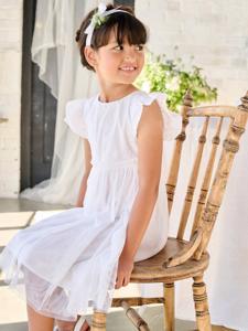 Ceremoniejurk met twee materialen in broderie anglaise en tule voor meisjes wit