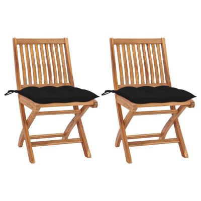 Tuinstoelen 2 st met zwarte kussens massief teakhout