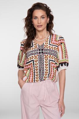 Geisha Top 63255-20 T-shirt Korte Mouw 718 Ecru/pink/cactus