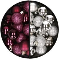 34x stuks kunststof kerstballen aubergine paars en zilver 3 cm - thumbnail