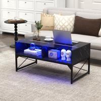 Hoogglans Salontafel met Blad van Imitatiemarmer en Gehard Glas LED-Verlichting Moderne Bijzettafel Inclusief Afstandsbediening