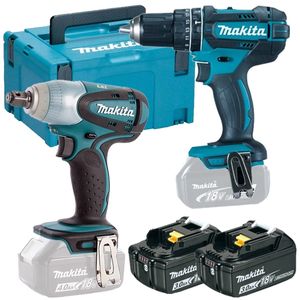 Makita DLX2133J 18V accu klopboormachine DHP482 + slagmoersleutel DTW251 combiset (2x 3.0Ah accu) in Mbox - DLX2133J