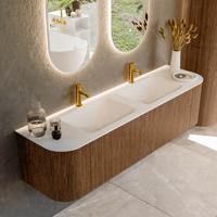 Mondiaz KURVE 170 cm Onderkast Greeploos 1 Lade Met Deuren Walnut, Wastafel Solid Surface Dubbel Talc 2 Kraangaten Zonder Spiegel (KRVCLO170L+R1L2D2KD-Wal/Tal)
