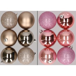 12x stuks kunststof kerstballen mix van champagne en roze 8 cm   -