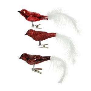 9x stuks glazen decoratie vogels op clip glans/glitter rood 8 cm