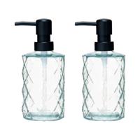 Luxe zeeppompje/dispenser Diamond - 2x - helder transparant - glas - 18 x 7 cm - 410 ml