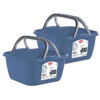 Wasmand/draagmand/teil met hengsel - 2x - kunststof - 13 Liter - blauw - 35 x 35 x 18 cm